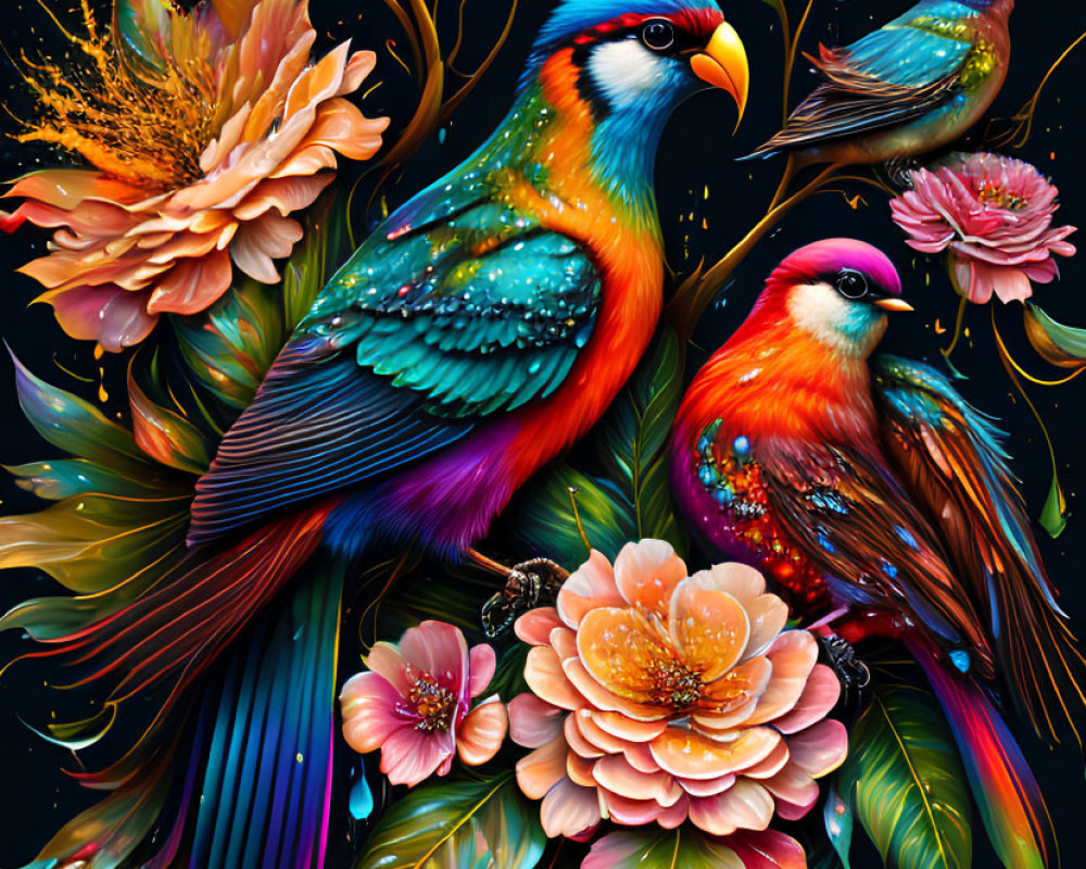 Colorful Birds Perched Among Flowers on Dark Background