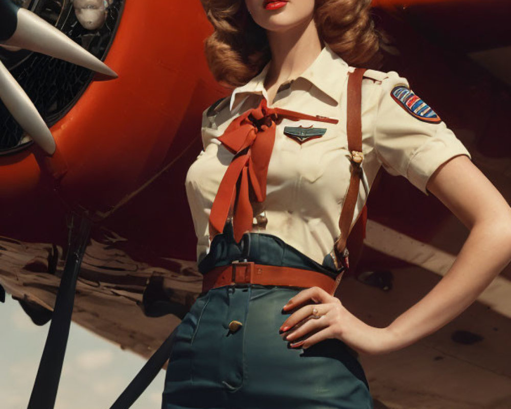 Vintage military-style woman by propeller plane in 1940s aesthetic