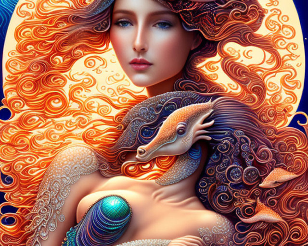 Fantasy illustration: Woman with flowing hair and sea creatures in cosmic backdrop