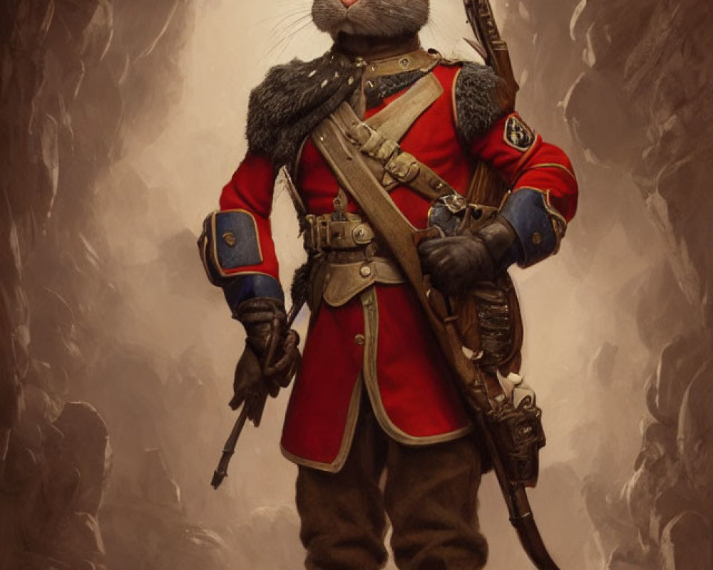 Anthropomorphic rabbit in red military uniform with sword and rifle against rocky backdrop