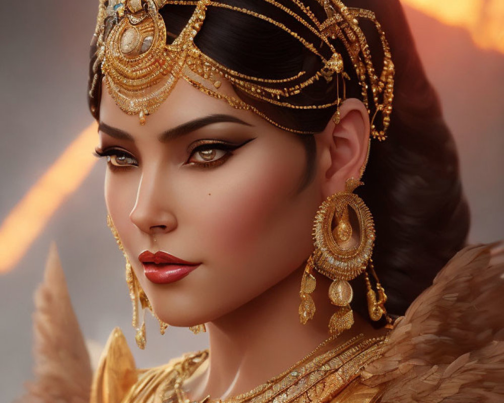 Elaborate Golden Jewelry on Regal Woman Portrait