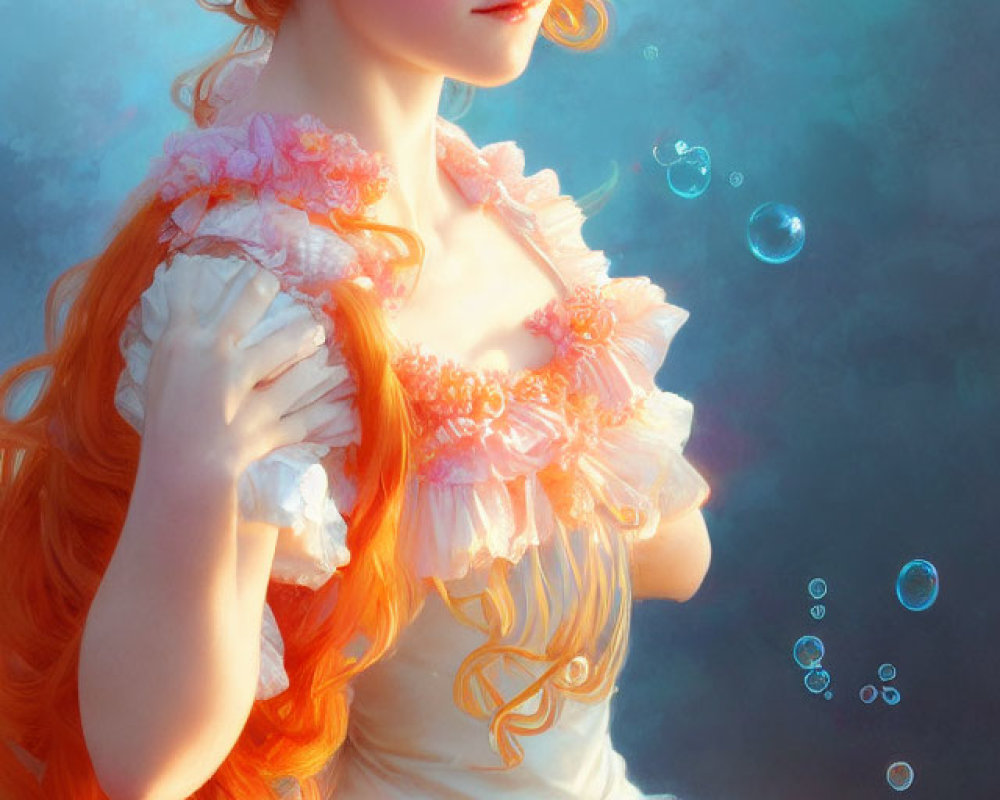 Illustration of woman with red hair in peach dress surrounded by bubbles on blue background