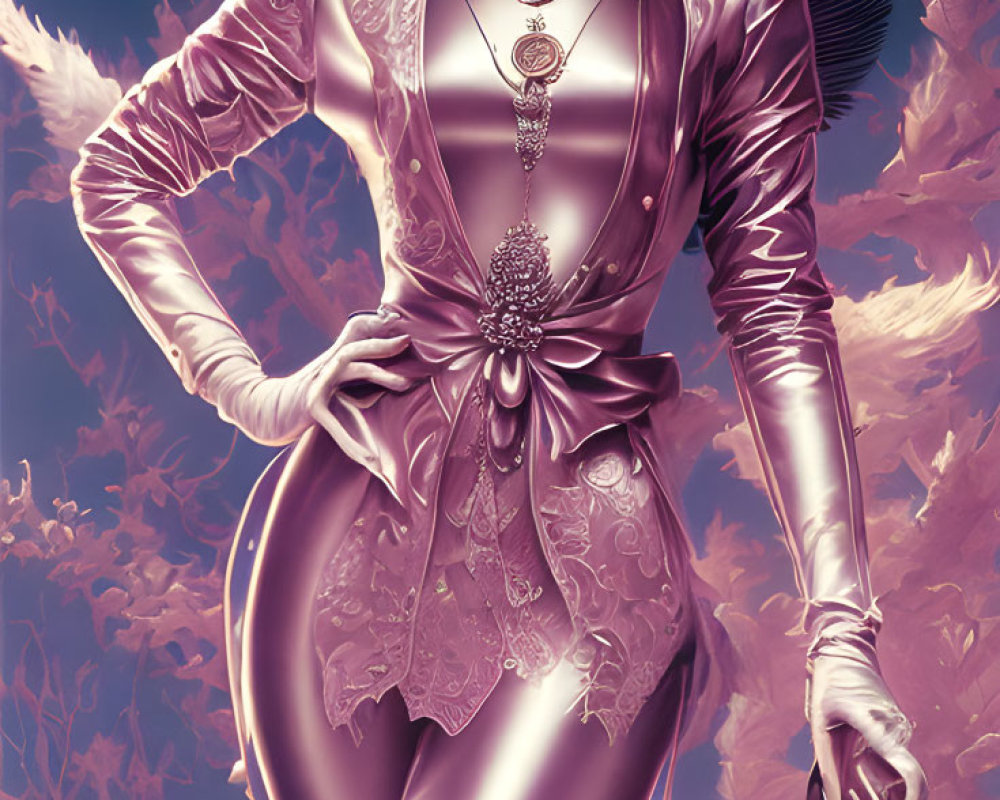 Fantasy-themed woman illustration in ornate pink-purple outfit among floral elements