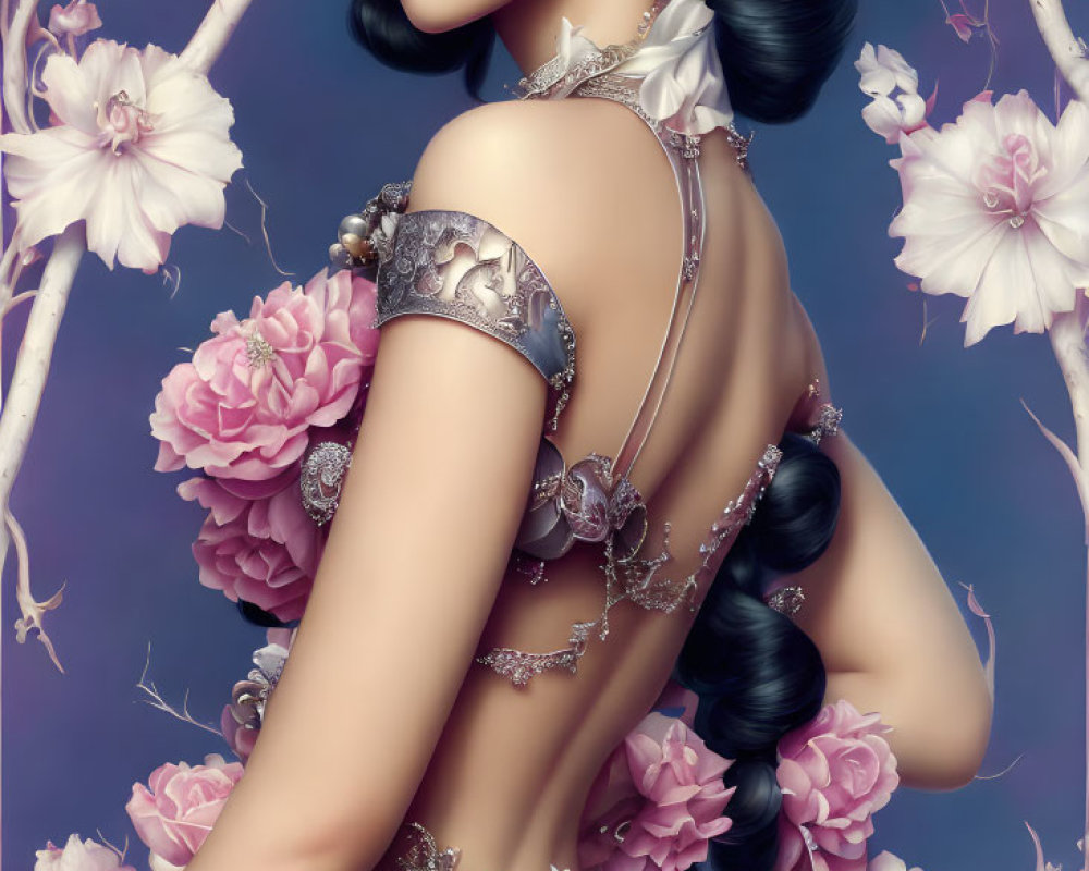 Stylized illustration of woman with pink flowers and silver accessories