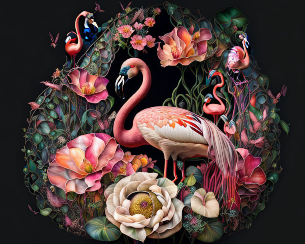 Colorful Flamingo Artwork with Floral Circle on Dark Background