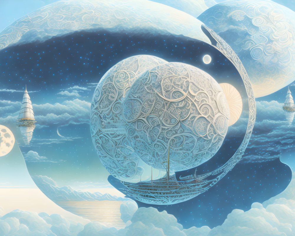 Fantasy landscape with celestial spheres floating among clouds