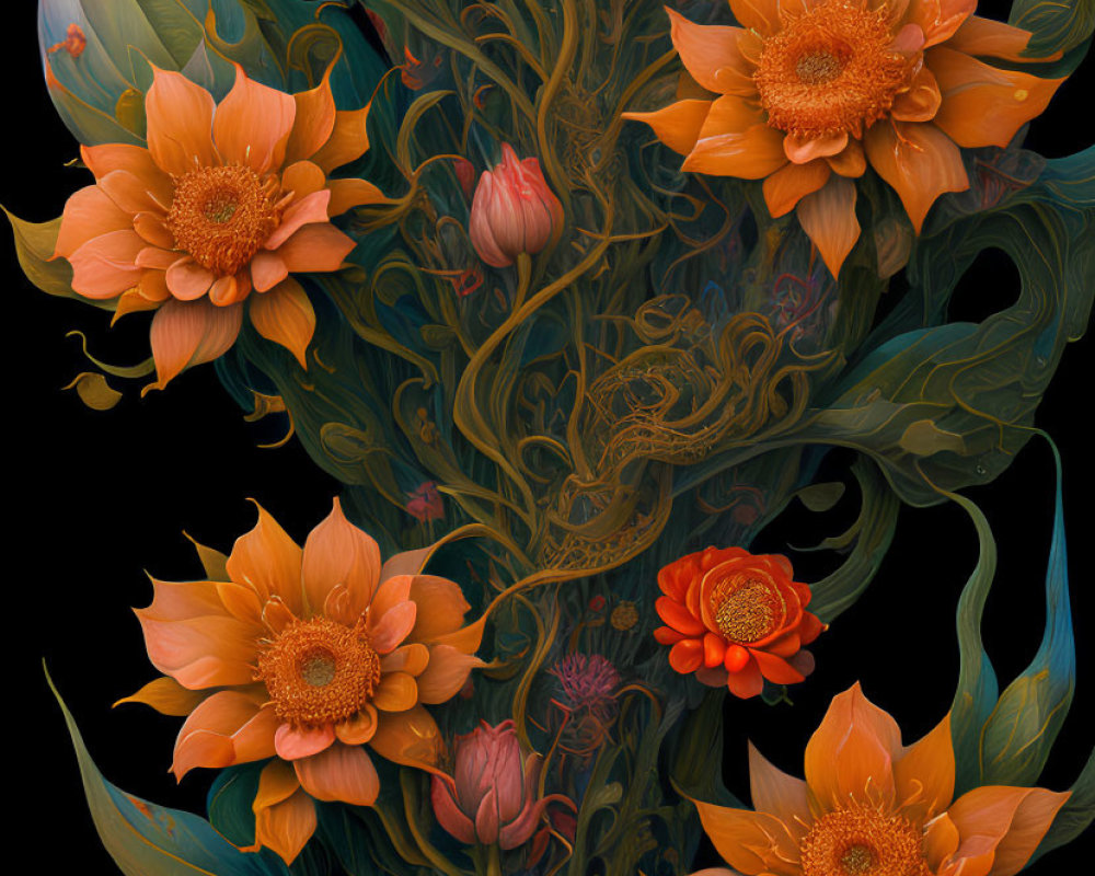 Digital artwork: Ornate botanical elements, orange flowers, butterflies on dark background