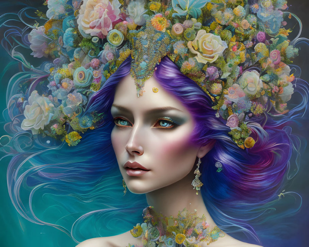 Portrait of woman with violet hair, striking makeup, floral headdress, and intricate jewelry