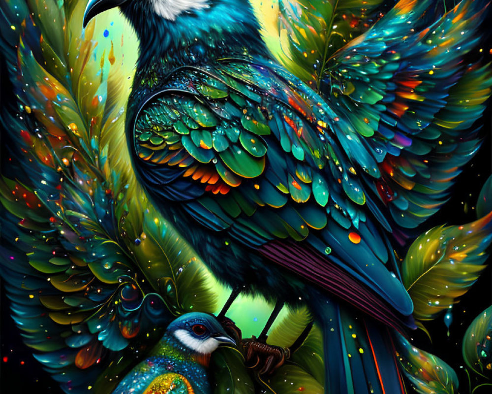 Vibrant mythical bird with iridescent feathers on dark, leafy background