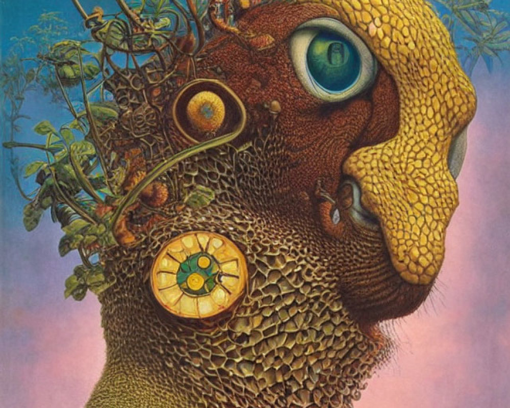 Surreal painting featuring face with plant elements, reptilian skin, green eye, and clock-like