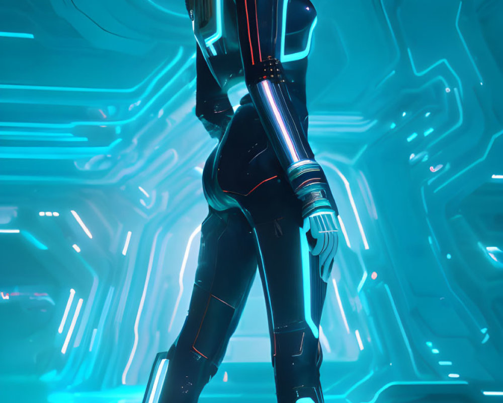 Futuristic black and white suit in neon-lit corridor