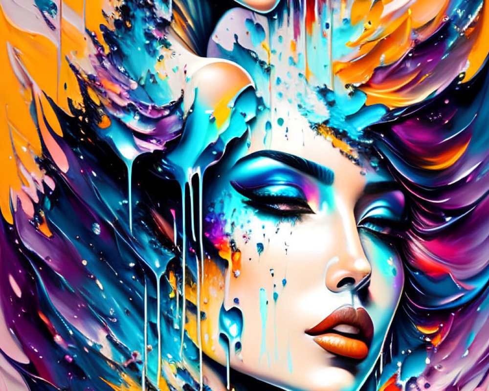 Colorful digital artwork: Two women with flowing hair and paint splashes in vibrant blues, oranges,