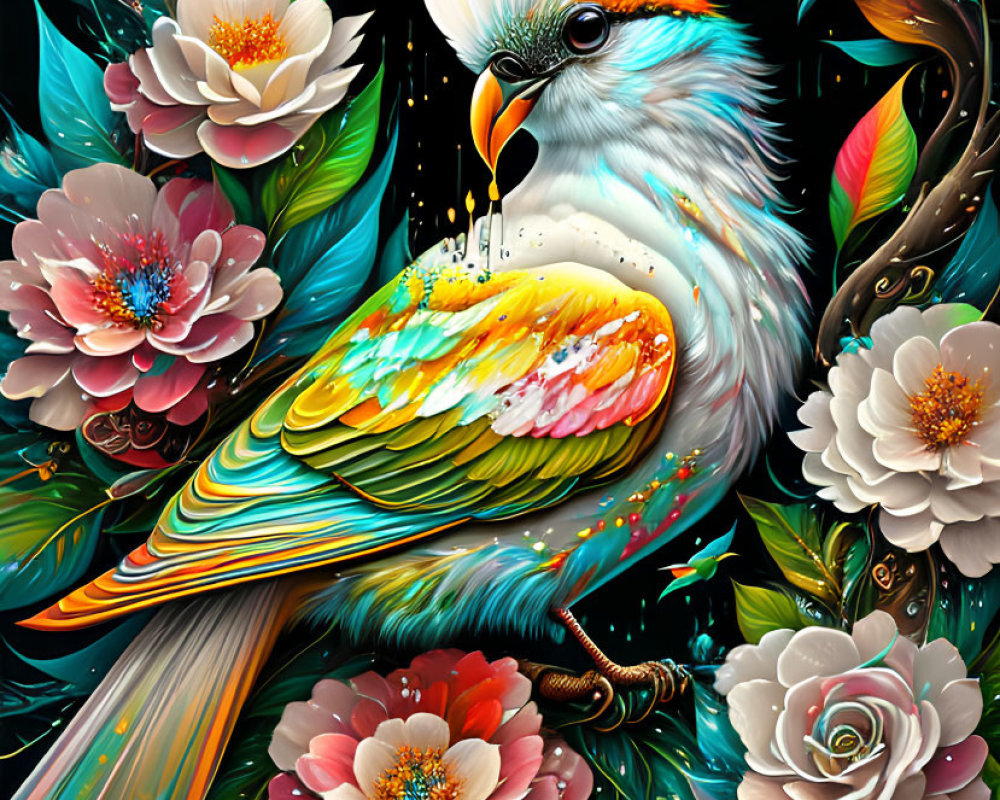 Colorful Stylized Bird Artwork with Flowers and Foliage