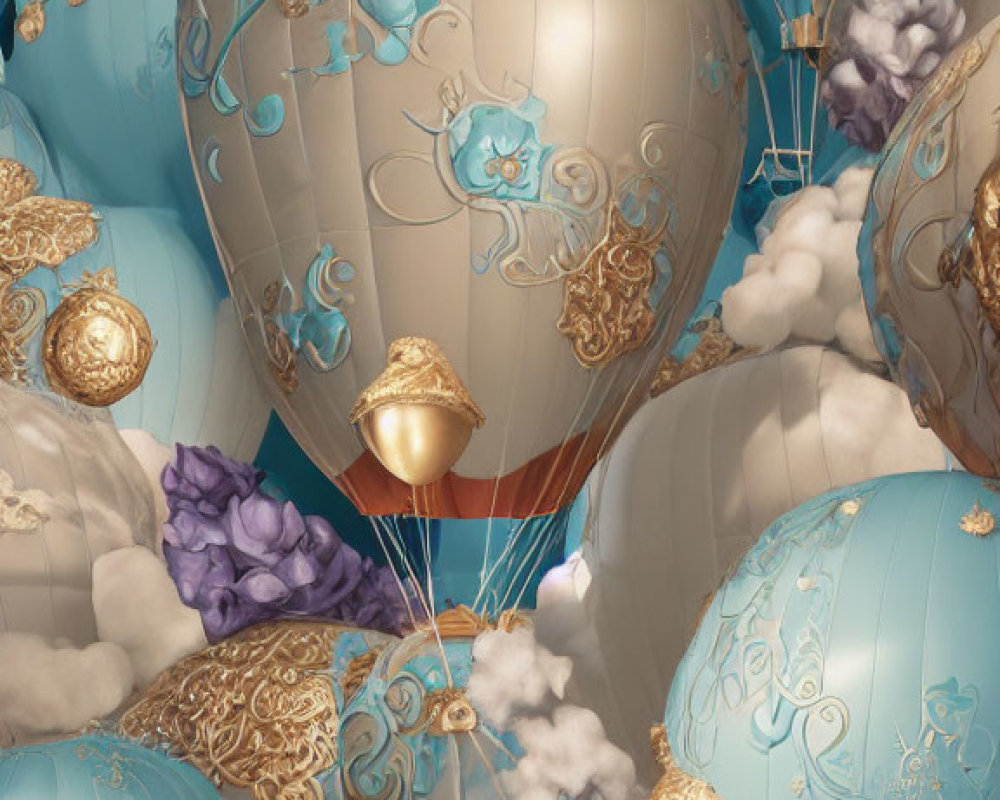 Colorful hot air balloons with gold and blue designs in the sky.