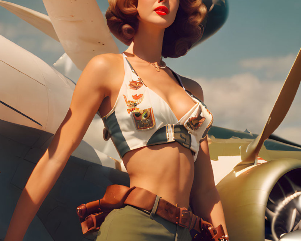 Vintage Pin-Up Illustration of Woman in Military-themed Attire by Propeller Plane