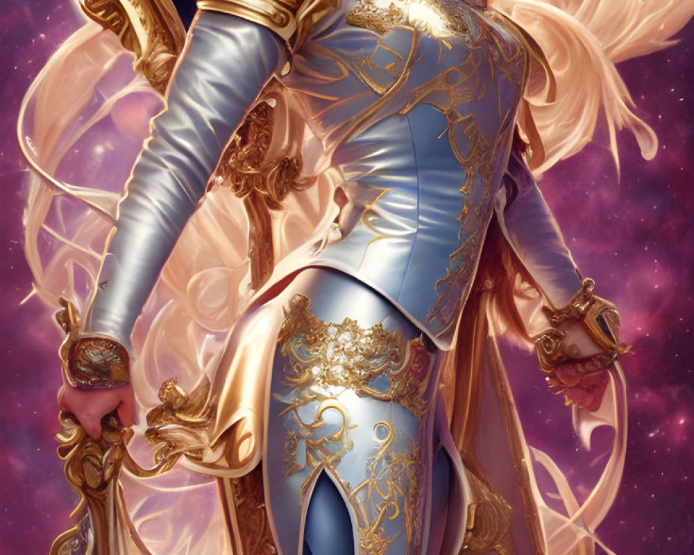 Regal woman in blue and gold armor with staff, nebula, and mystical creature.