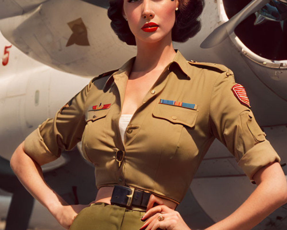 Vintage Style Portrait of Woman in Military Uniform with Propeller Aircraft