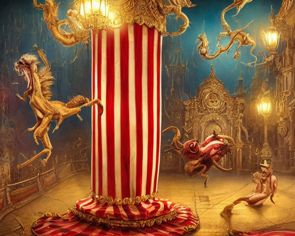 Fantastical Circus Scene with Red & White Striped Podium & Mythical Creatures