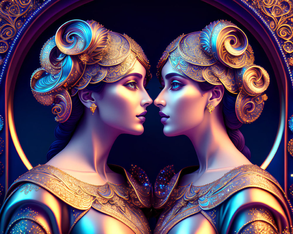 Symmetrical Stylized Female Figures with Gold Headdresses on Ornate Background