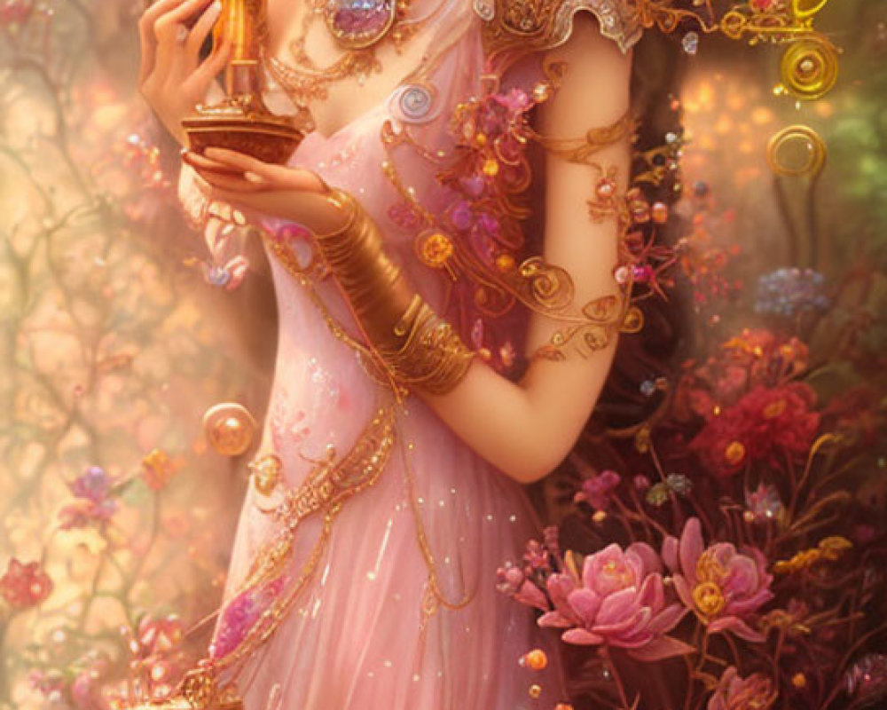 Fantasy maiden in pink dress with lantern and glowing creature in floral setting