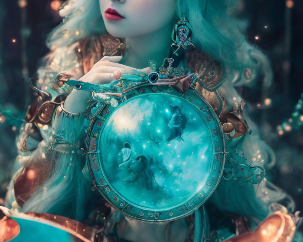 Fantasy woman with glowing orb in turquoise setting