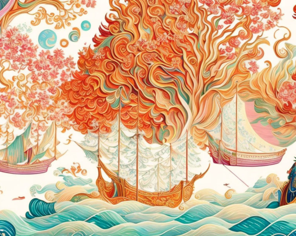 Colorful illustration: fiery tree, sailing ships, regal figure