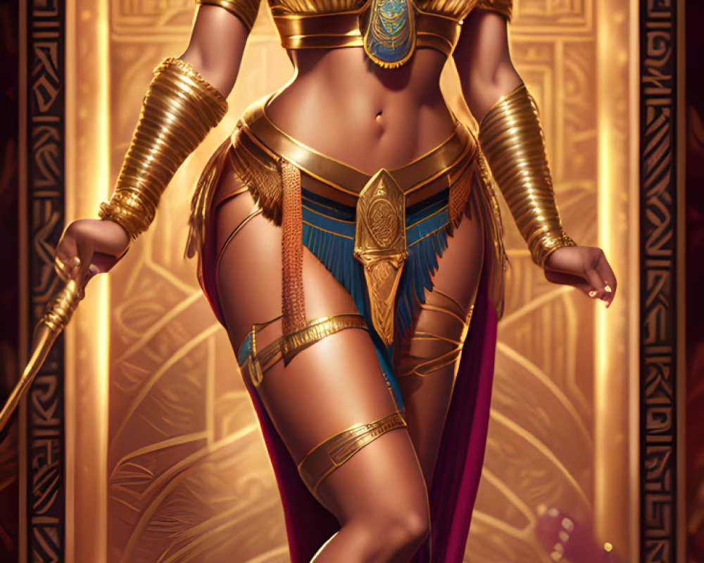 Ancient Egyptian queen illustration with gold jewelry and hieroglyphs