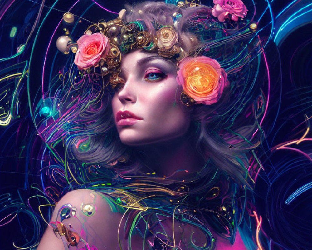 Digital artwork: Woman with vibrant flowers and neon lights, emitting magical aura