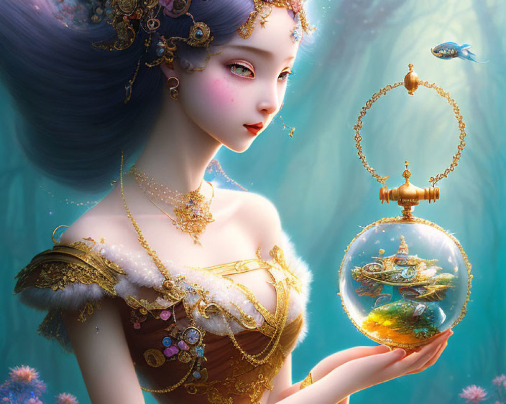 Fantasy illustration of woman with elaborate hair and magical sphere, fish and floral elements