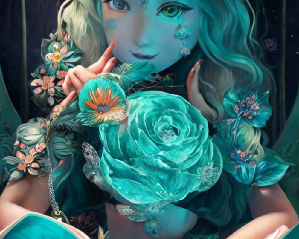 Illustration of woman with turquoise hair, floral accents holding rose and book, framed by mirror