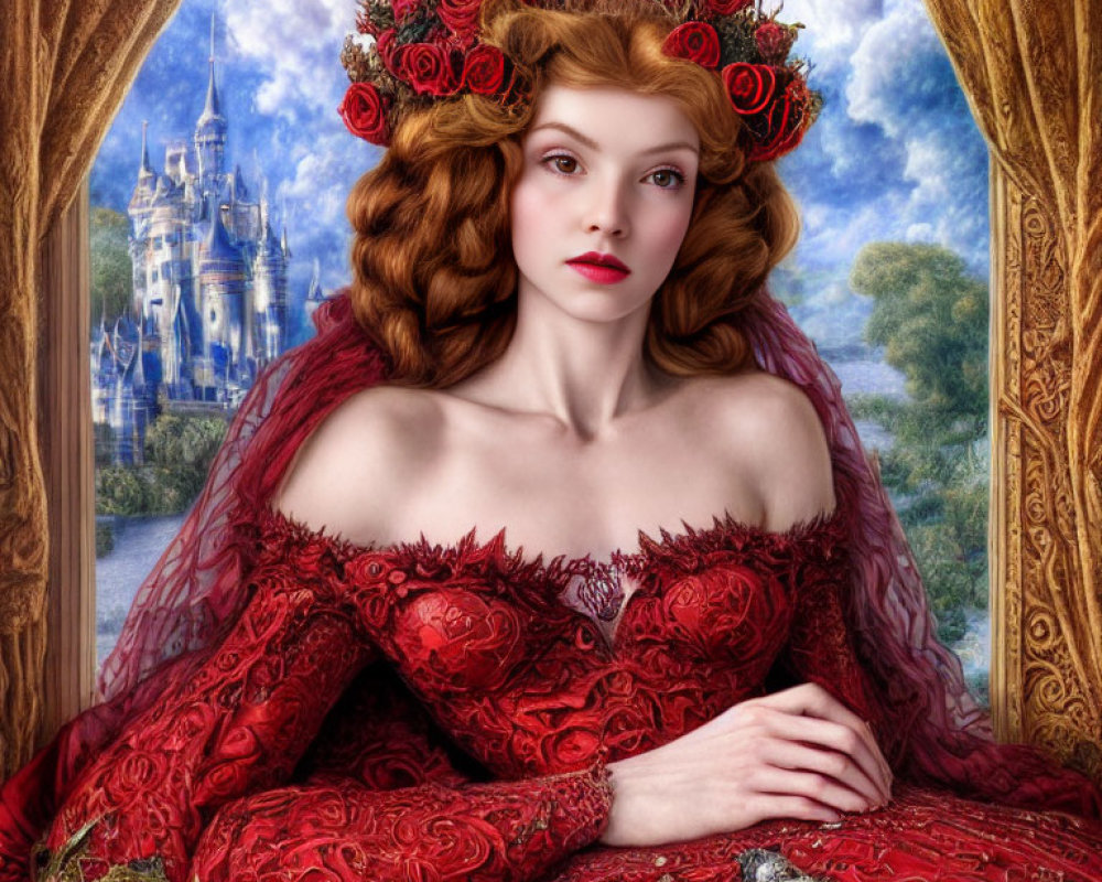 Woman with rose crown in red dress by castle view window - regal fantasy ambiance