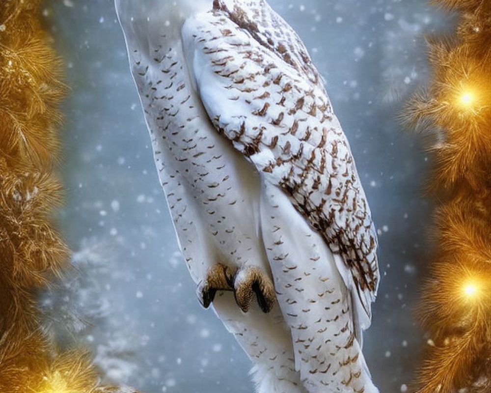 Snowy owl with yellow eyes perched in golden lights and falling snowflakes