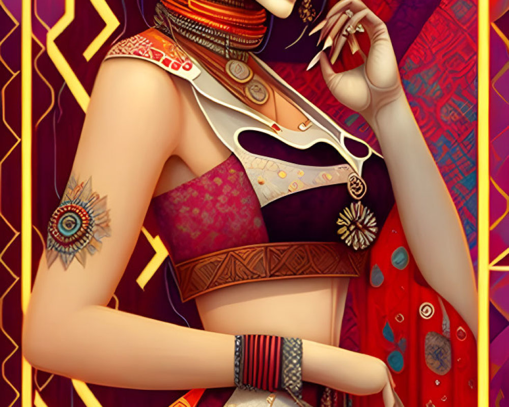 Woman with Intricate Body Art and Jewelry in Rich Colors & Patterns