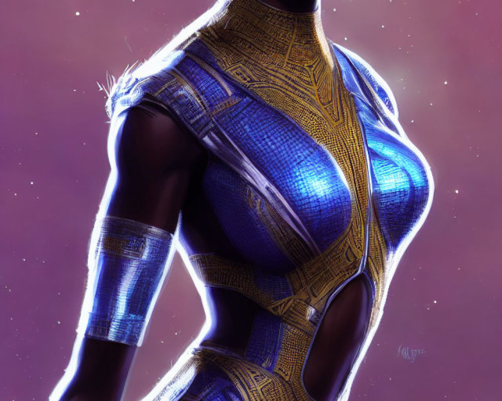 Futuristic woman in blue and gold attire on purple background