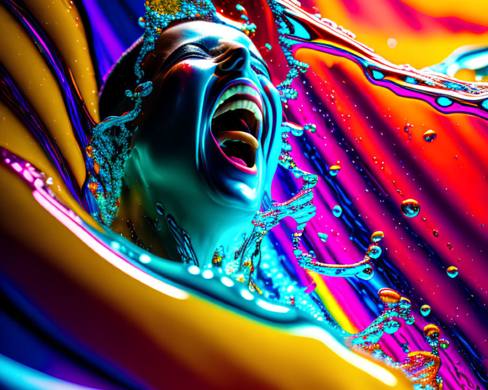 Colorful Digital Artwork: Face Emerging from Liquid Waves