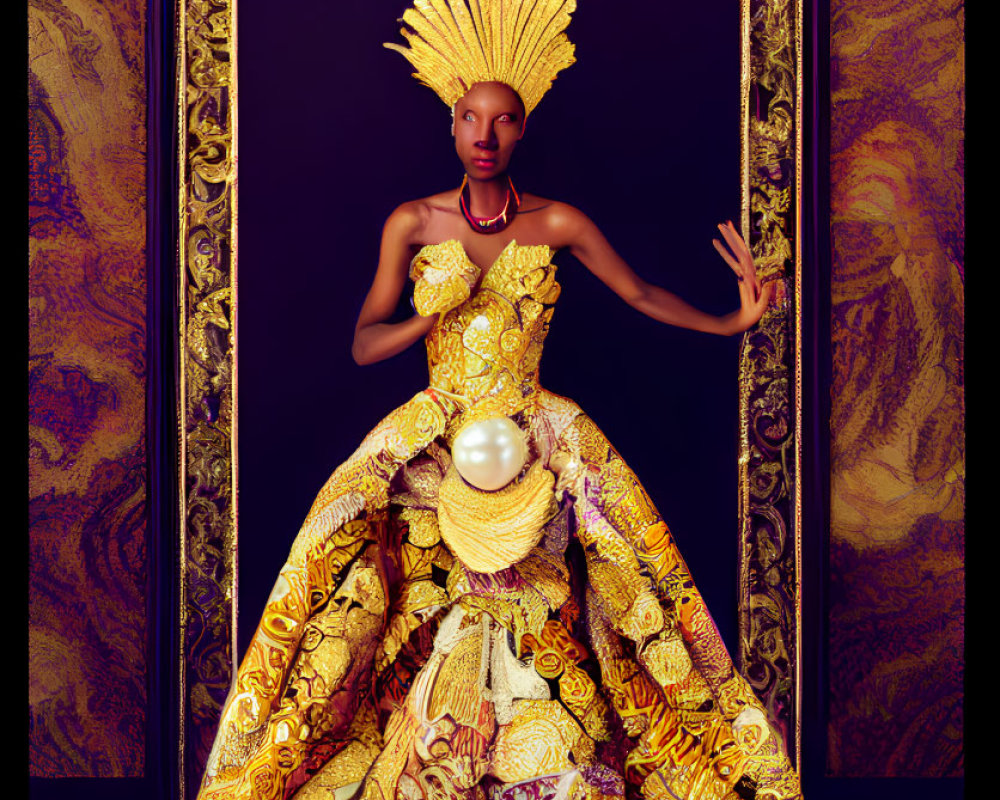 Elaborate Gold-Patterned Gown with Pearl Centerpiece and Spiky Headpiece