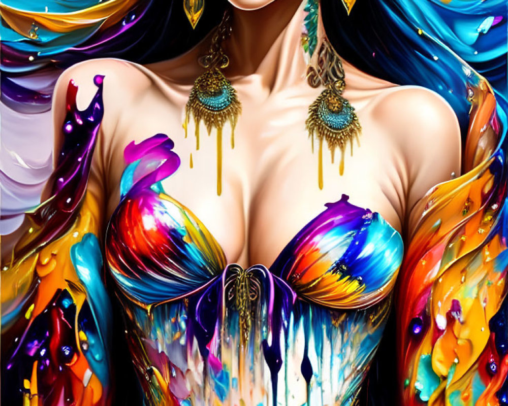 Colorful digital artwork of woman with melting body paint & abstract splash background