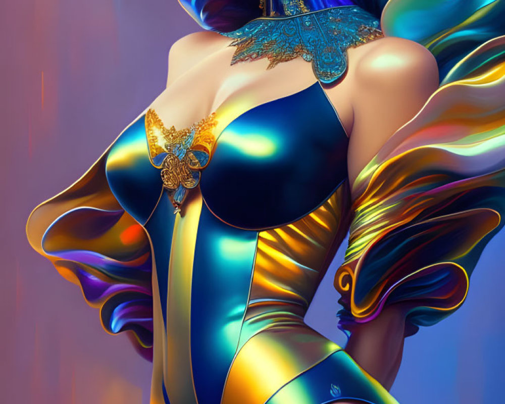 Digital Art: Woman with Colorful Hair and Futuristic Attire