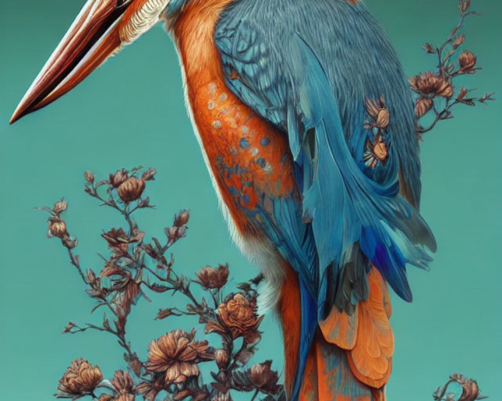 Vibrant kingfisher bird illustration with intricate feathers on blossoming branches