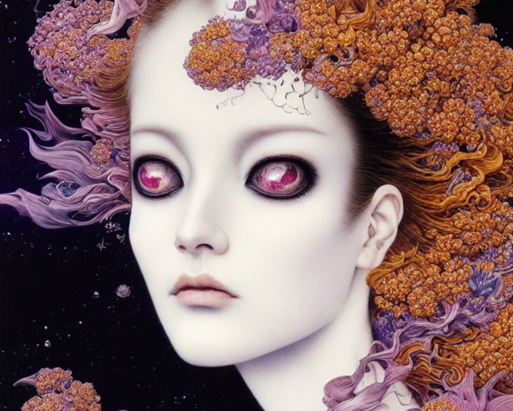 Surreal portrait of figure with pale skin and red eyes adorned with blooming flowers