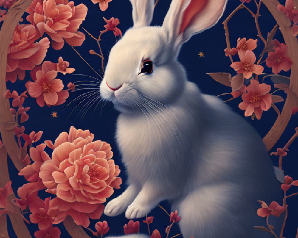 Illustrated Rabbits in Circular Frame with Pink Flowers on Dark Blue Background