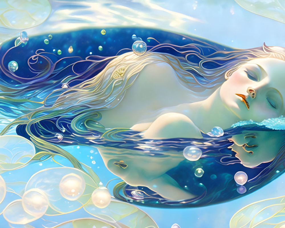 Mermaid illustration in tranquil ocean with flowing hair