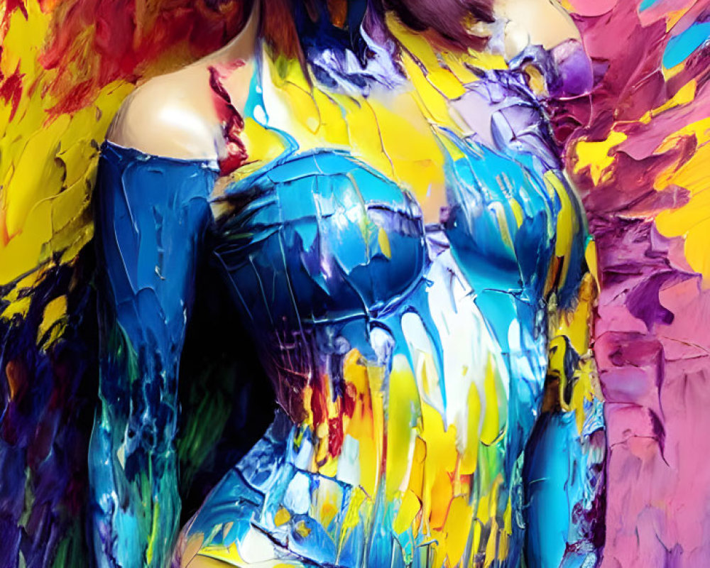 Vibrant Purple-Haired Woman Covered in Blue and Yellow Paint