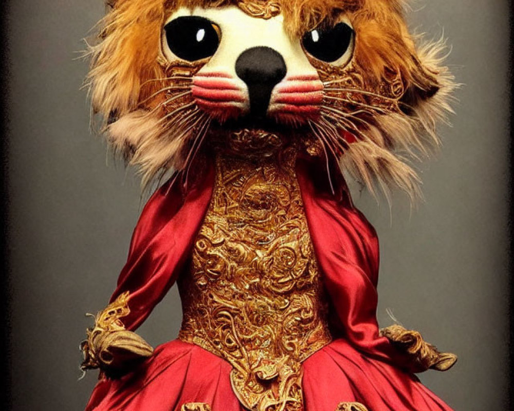 Lion-headed character in royal attire with golden crown & embroidered gown