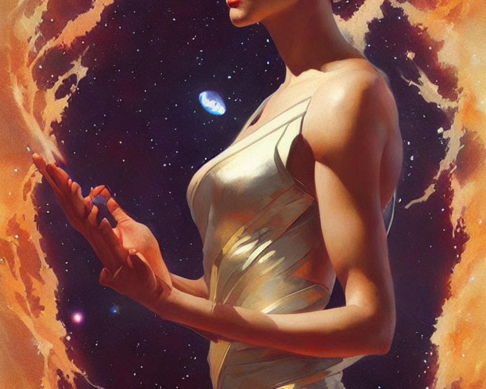 Woman in gold dress surrounded by cosmic background with swirling nebulae