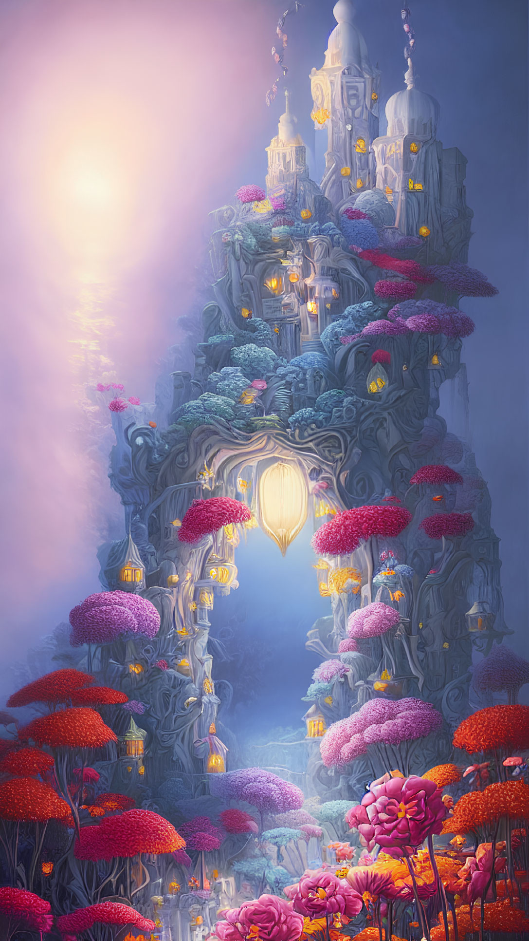 Luminous vertical cityscape with oversized vibrant flora under glowing sky