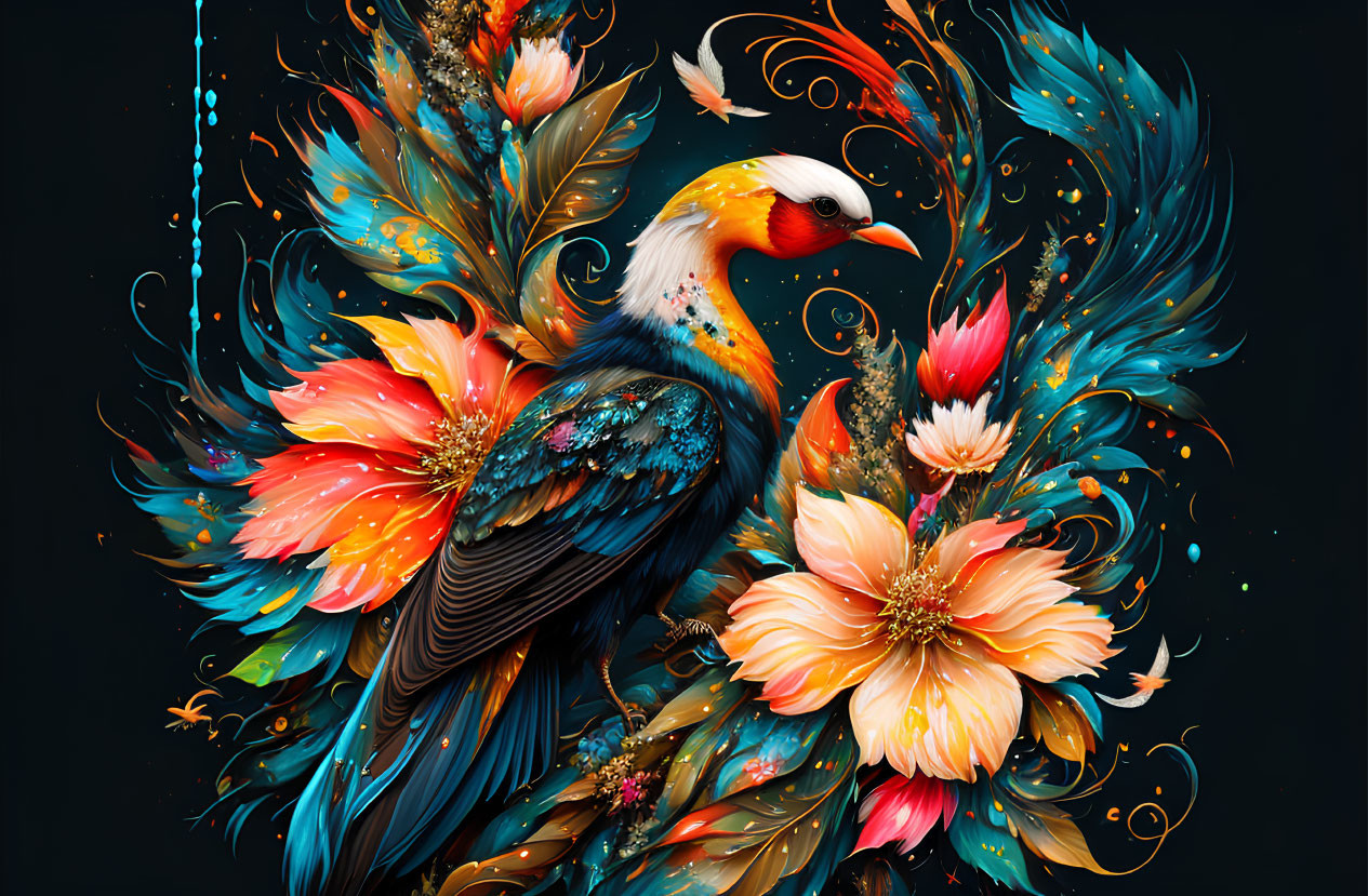 Colorful Stylized Bird Artwork with Floral Patterns on Black Background