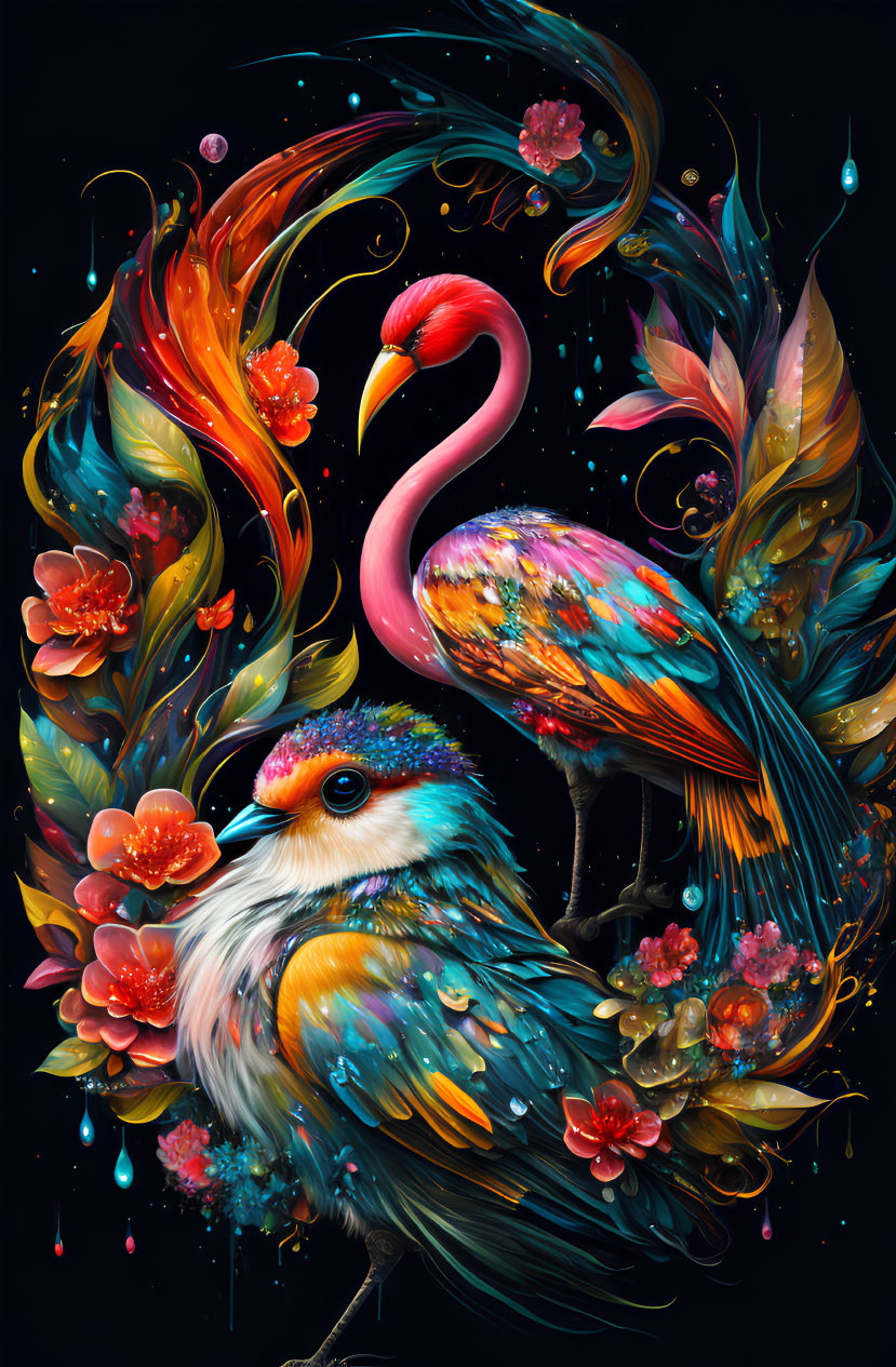 Colorful bird and flamingo amidst lush flora on dark background