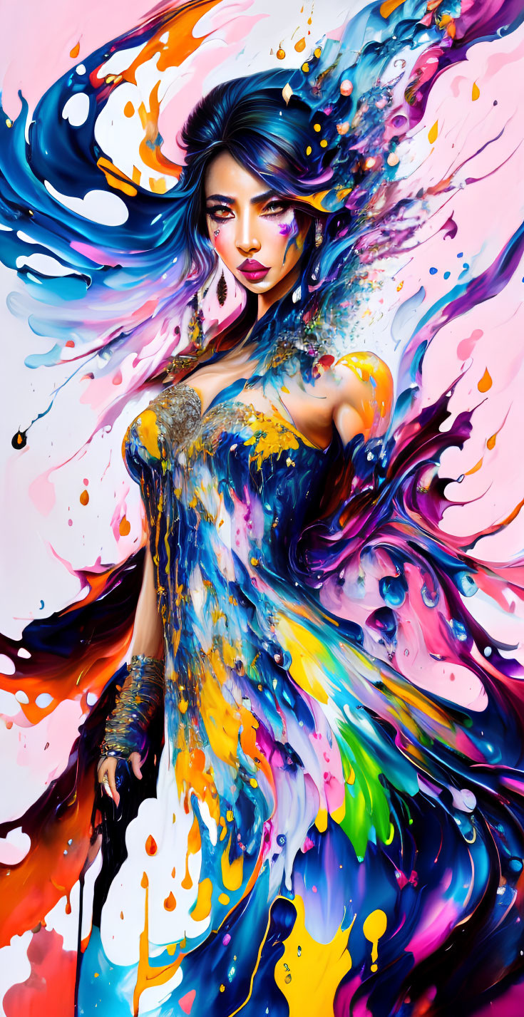 Colorful Artistic Illustration of Woman with Flowing Hair and Paint Splatters