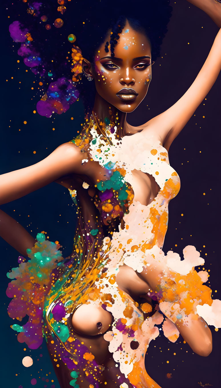 Dark-skinned woman in vibrant paint against blue backdrop